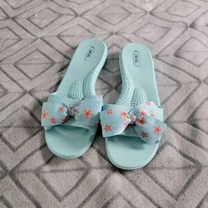 Oka Bee Okabashi Women’s Light Blue slide on Sandals Starfish Bow Size M Beach